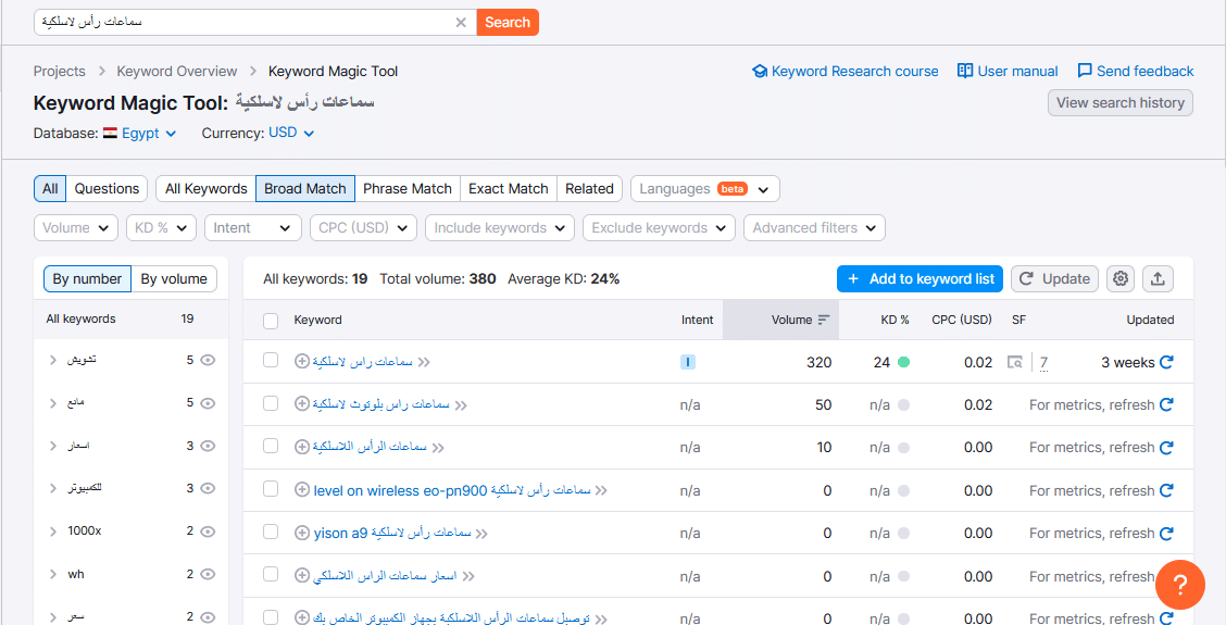 البحث عن الكلمات الرئيسية باستخدام semruch